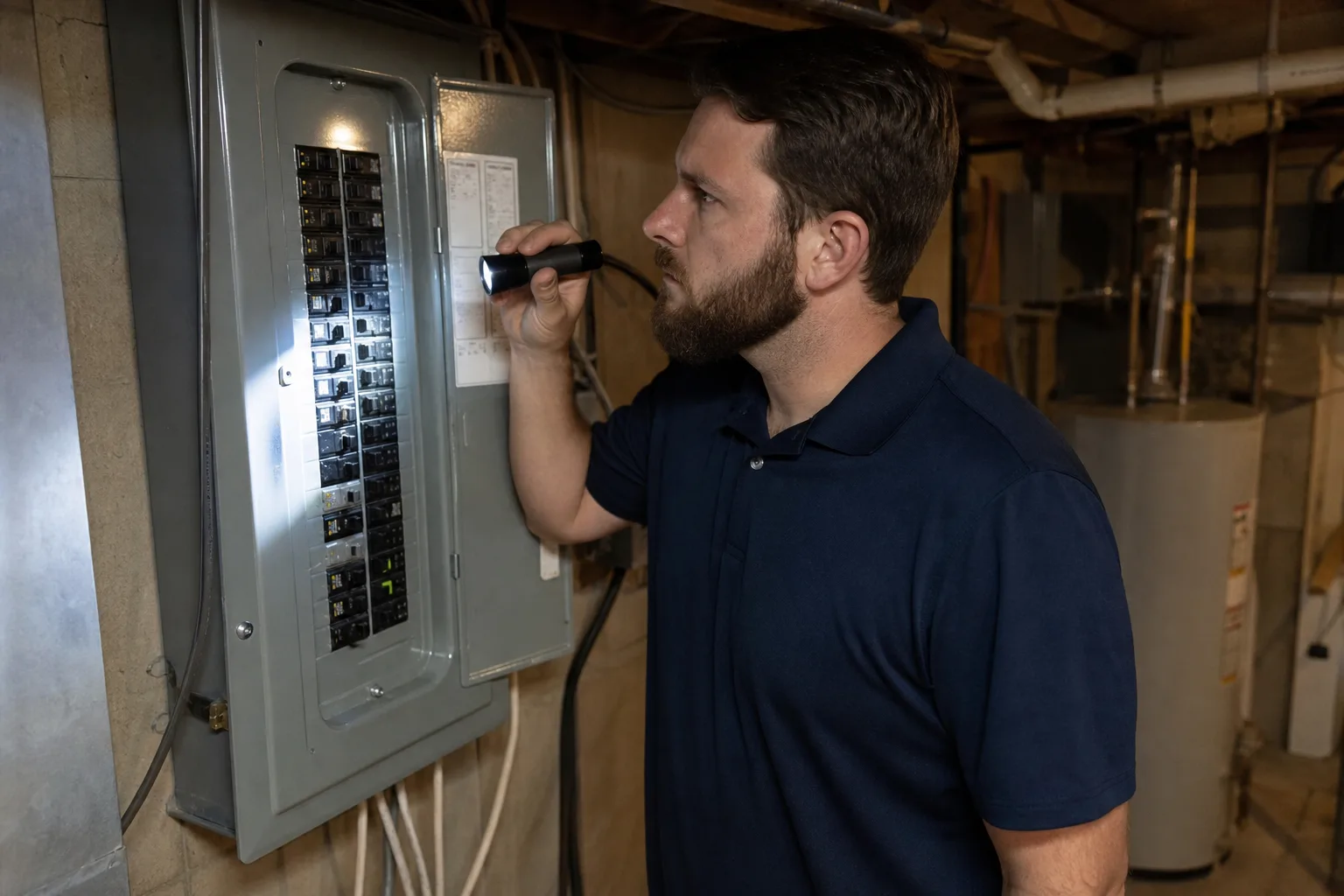 Nick's Appliance Repair technician inspecting a home electrical breaker panel