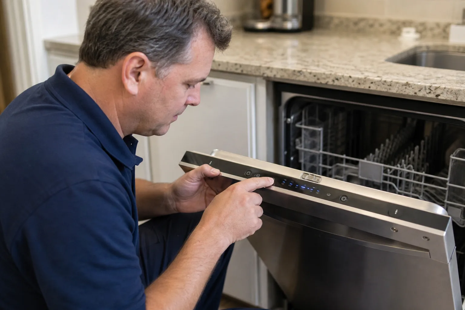 Nick's Appliance Repair technician checking a dishwasher control panel display