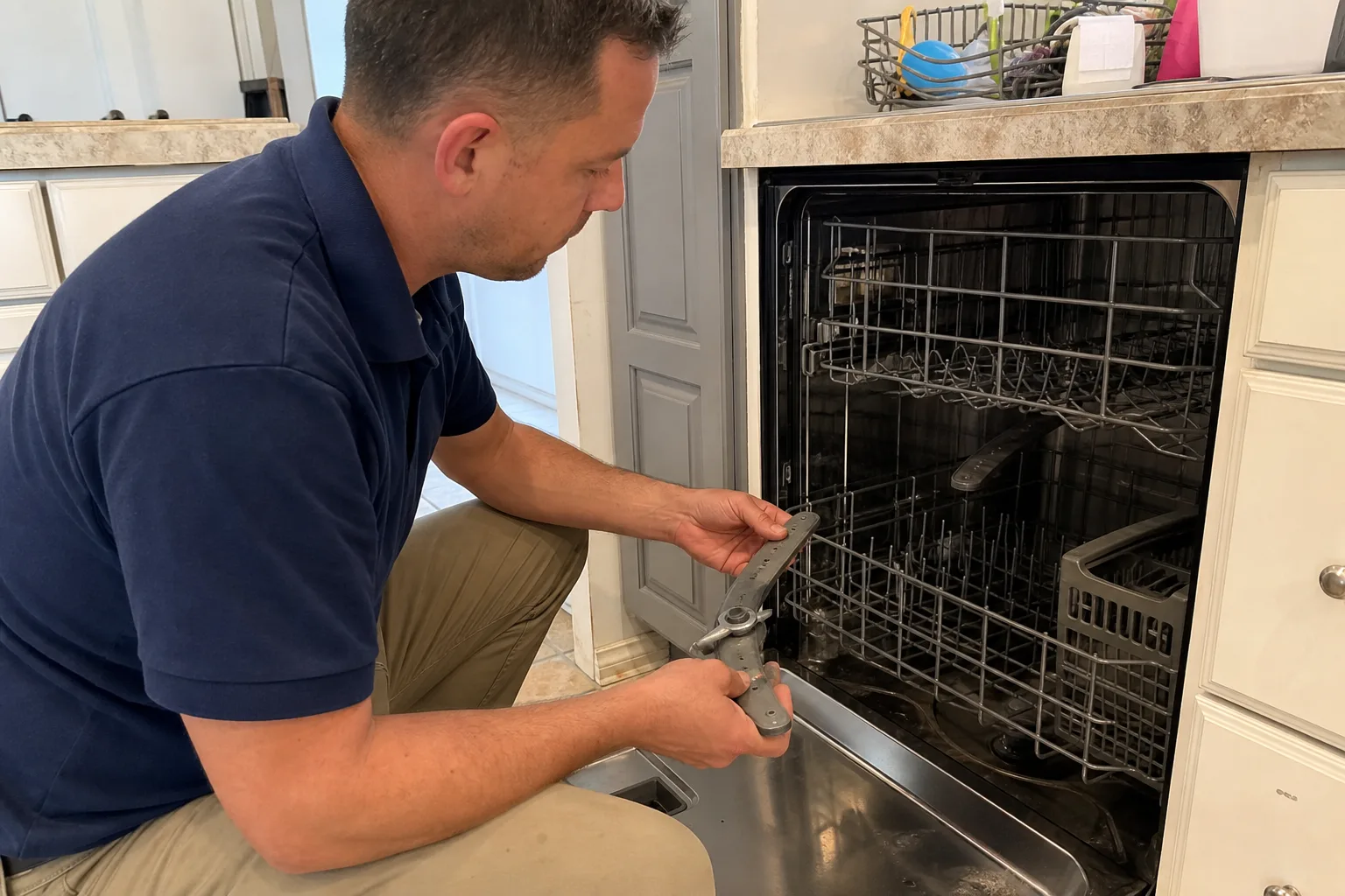 Nick's Appliance Repair technician removing a dishwasher spray arm for cleaning
