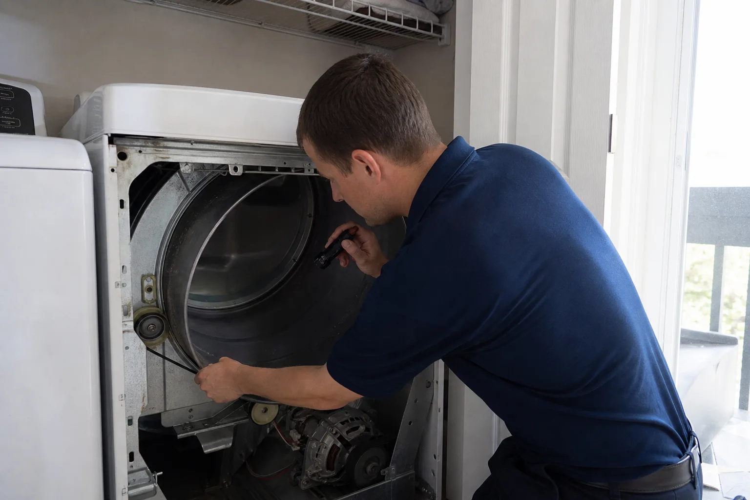 Nick's Appliance Repair technician inspecting a dryer drum belt