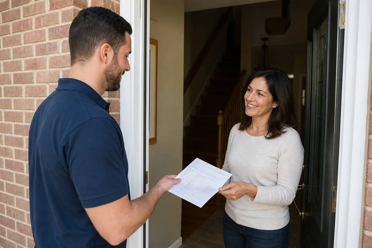 Nick's Appliance Repair technician handing a repair invoice to a homeowner in the GTA