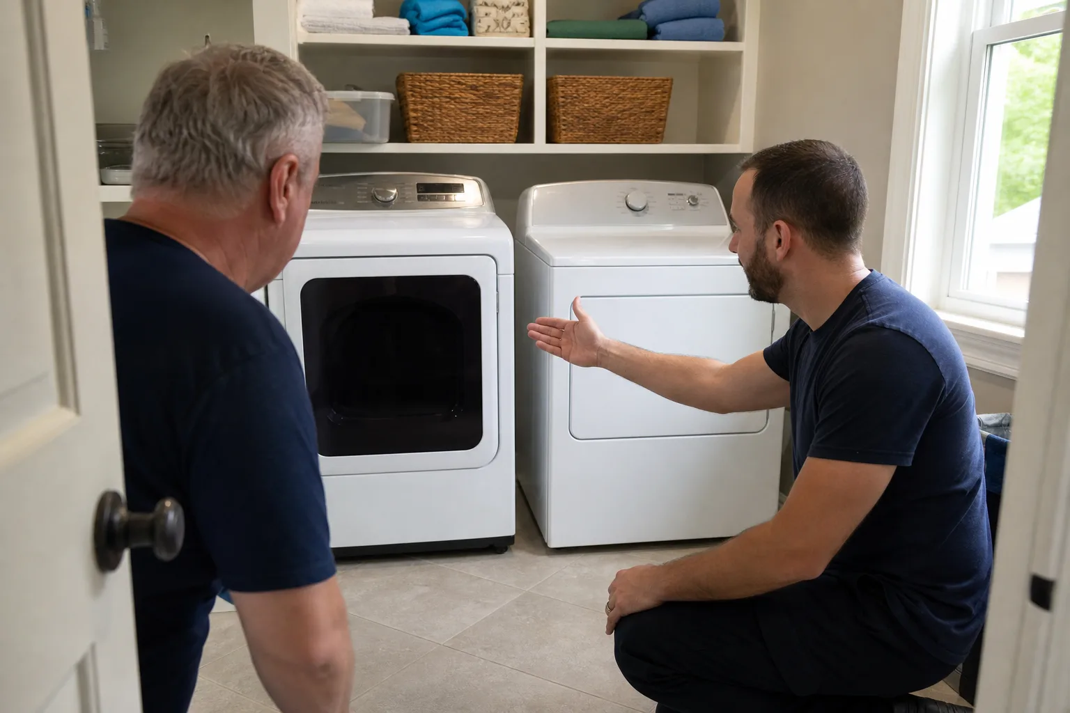 Nick's Appliance Repair technician comparing a heat pump dryer and a vented dryer