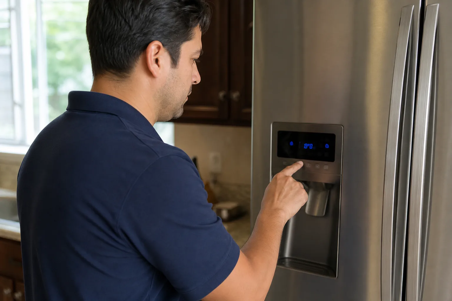 Nick's Appliance Repair technician resetting a Samsung refrigerator control panel