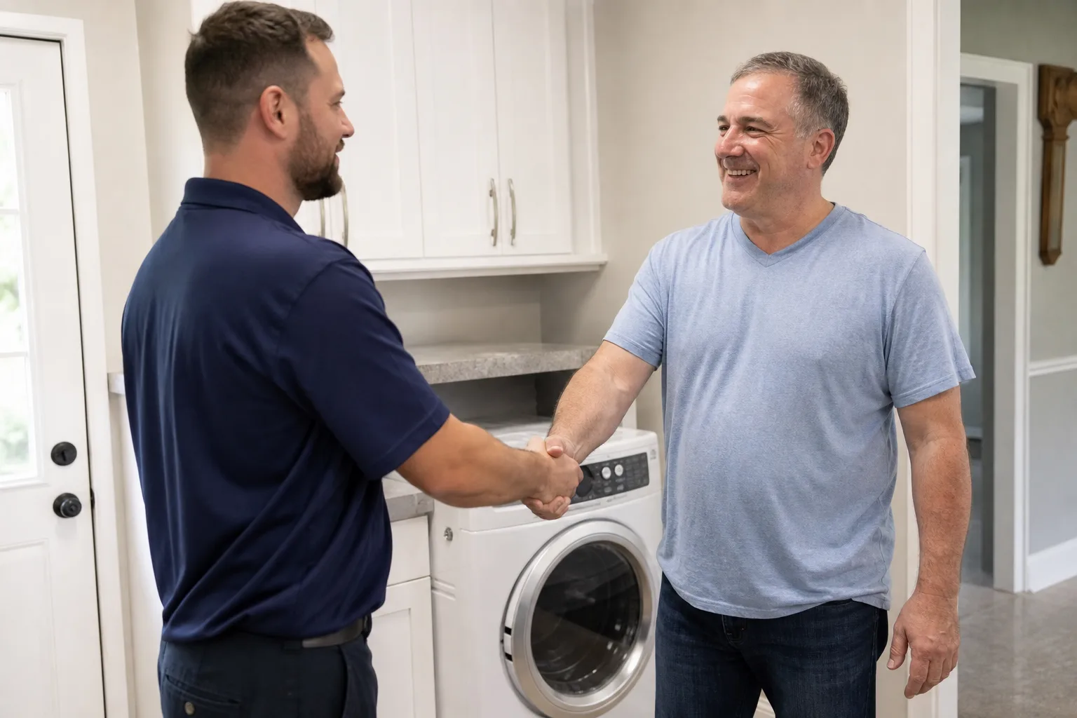 Nick's Appliance Repair technician and homeowner shaking hands after a completed repair