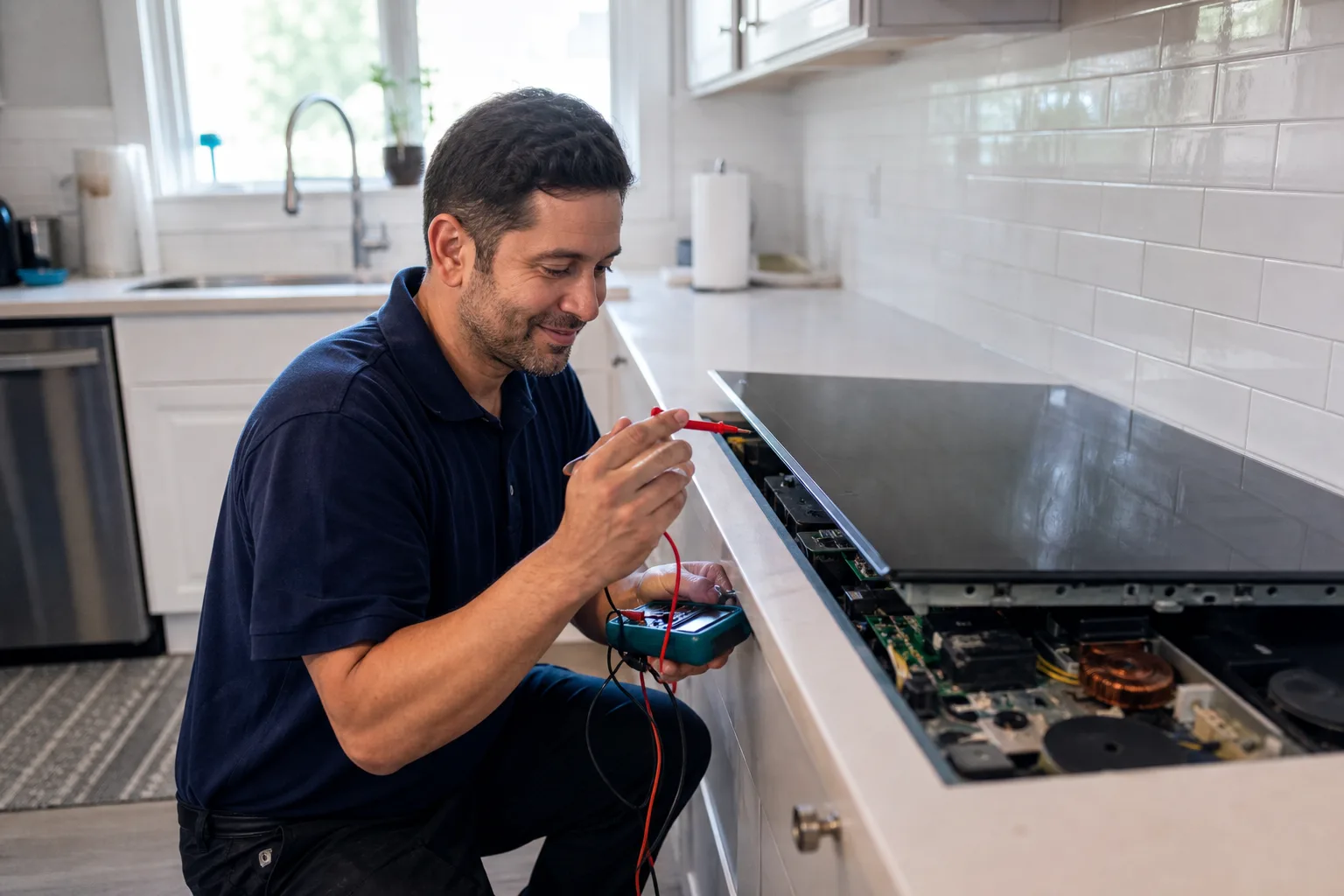Nick's Appliance Repair technician testing an induction cooktop control board with a multimeter