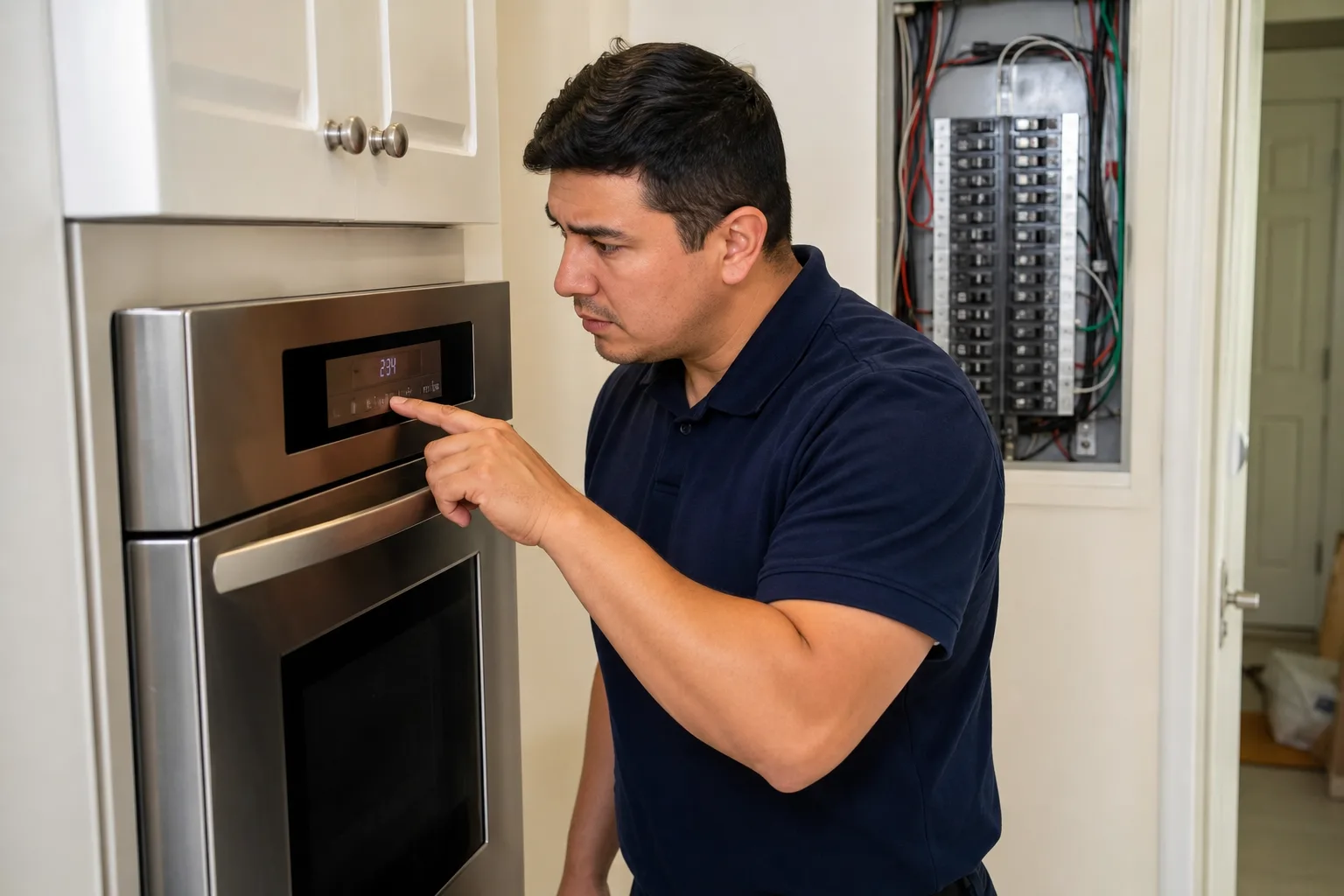 Nick's Appliance Repair technician checking an electric oven control panel