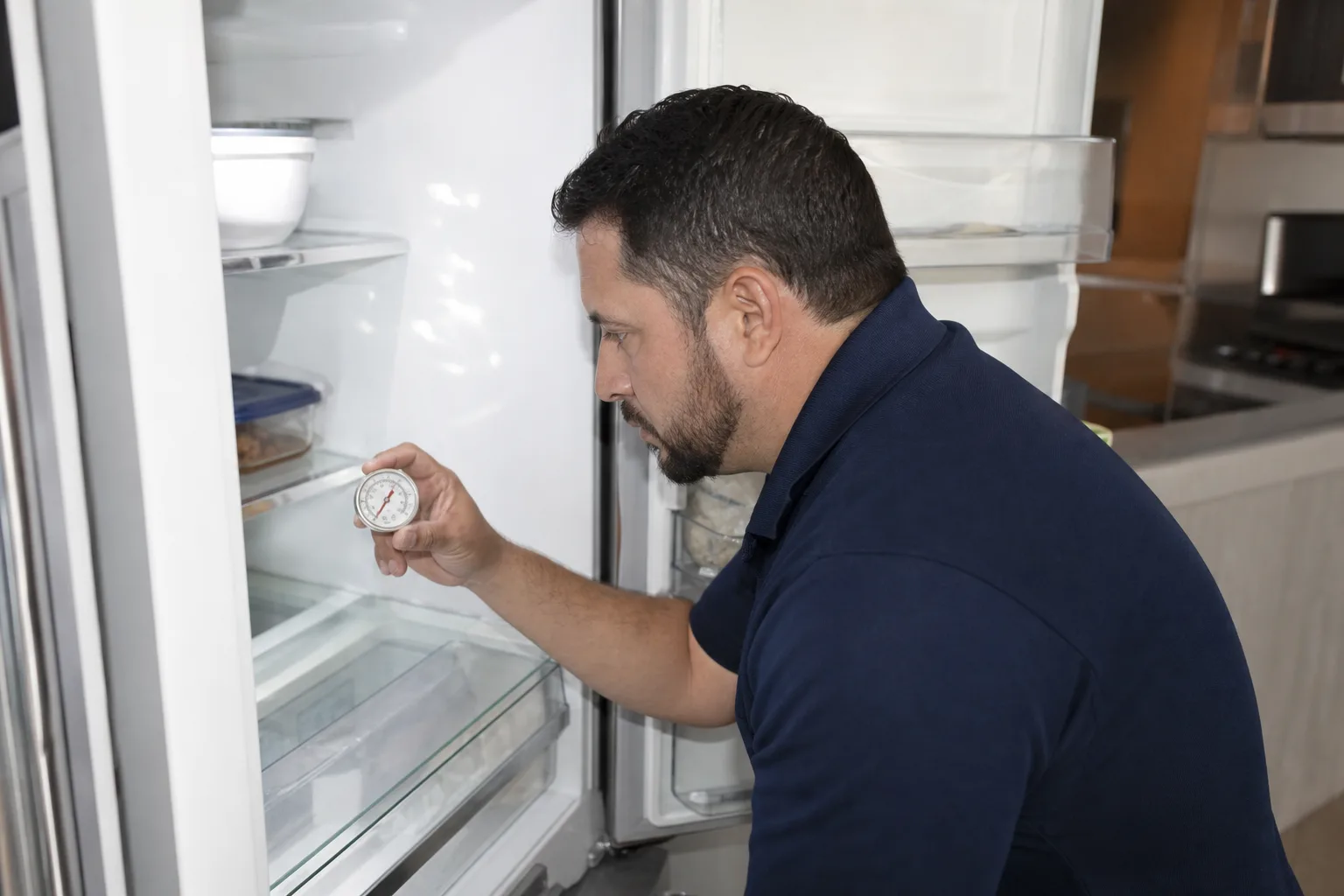 Nick's Appliance Repair technician checking refrigerator temperature with a thermometer