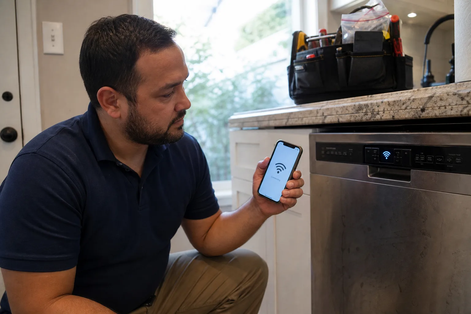 Nick's Appliance Repair technician pairing a smart dishwasher to WiFi