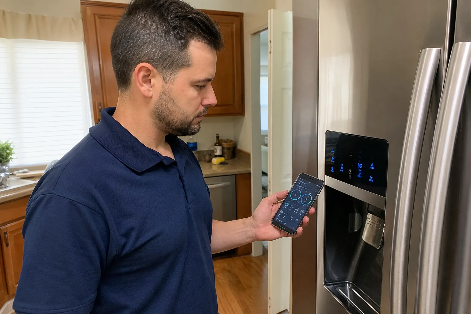 Nick's Appliance Repair technician using a smartphone to run a smart fridge diagnostic