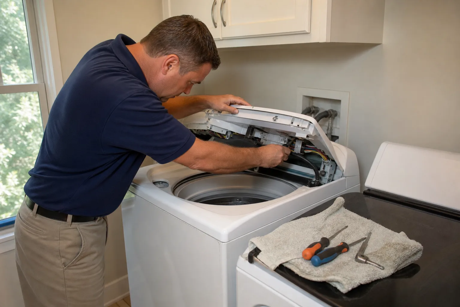 Nick's Appliance Repair technician servicing a Speed Queen top-load washer