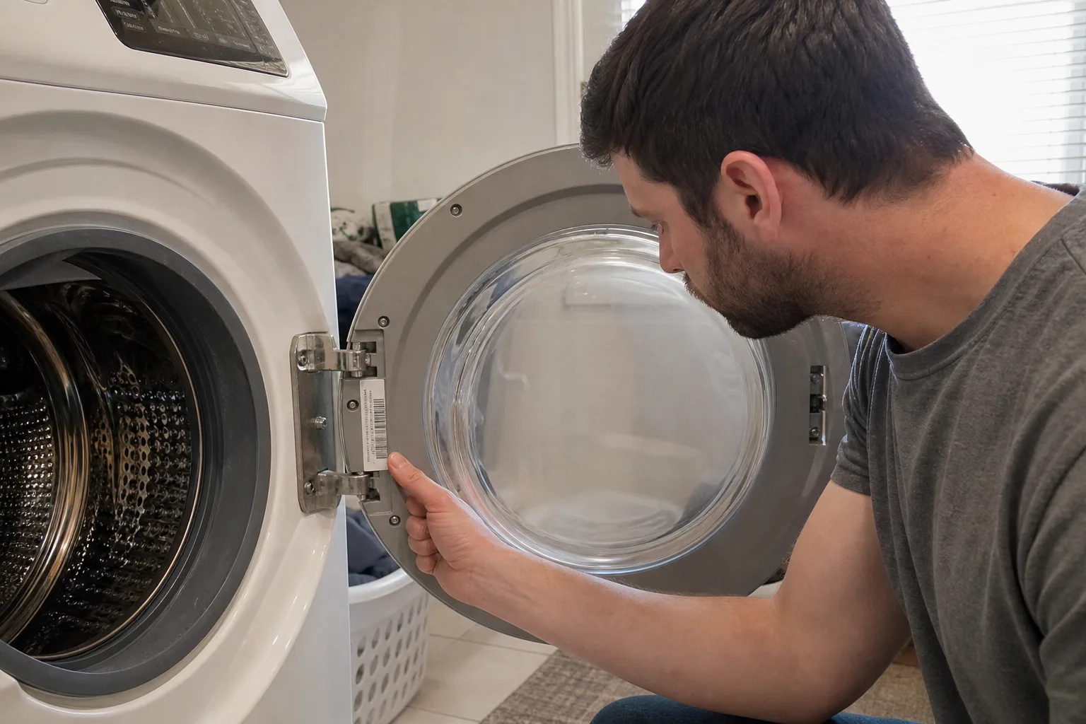 Homeowner checking the model and serial number sticker on a washing machine